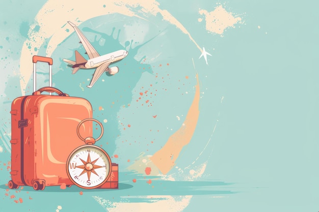 Vintage Travel Illustration with Orange Suitcase Airplane and Compass on Teal Background Tourism