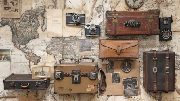 Vintage Travel Items with Maps and Suitcases