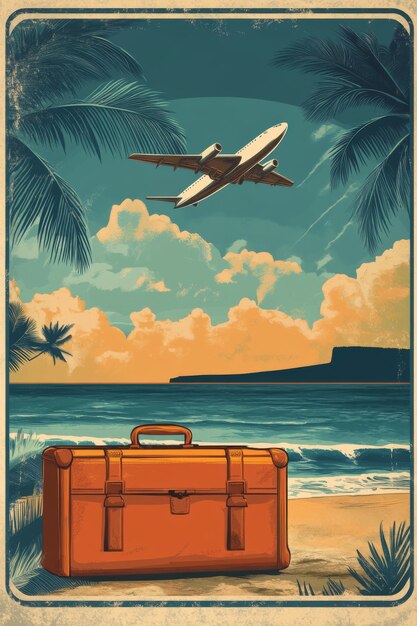 Photo vintage travel poster with an airplane and a suitcase on the beach