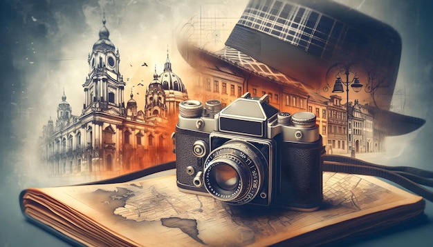 Vintage Traveler with Old Town Camera and Guidebook Historic Photography Concept in Photo Stock