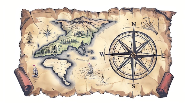 Vintage treasure map with a compass and small ships