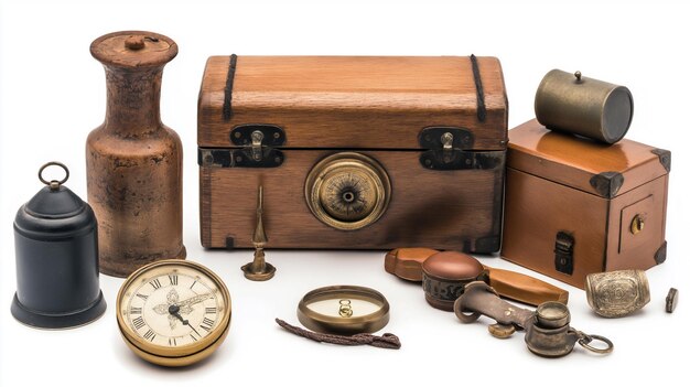 Photo vintage treasures a wooden chest with a compass pocket watch and magnifying glass exuding an adventu