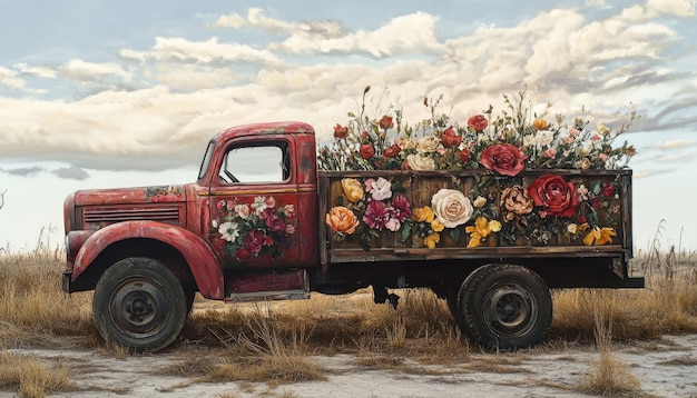 Photo vintage truck adorned with flowers in a field under a cloudy sky at sunset