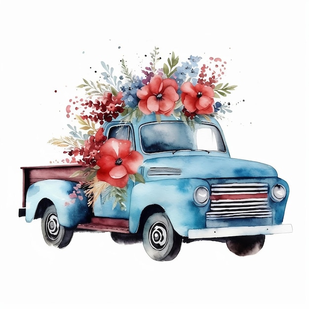 Vintage truck with flowers Watercolor hand drawn Clipart isolated on white background generative ai