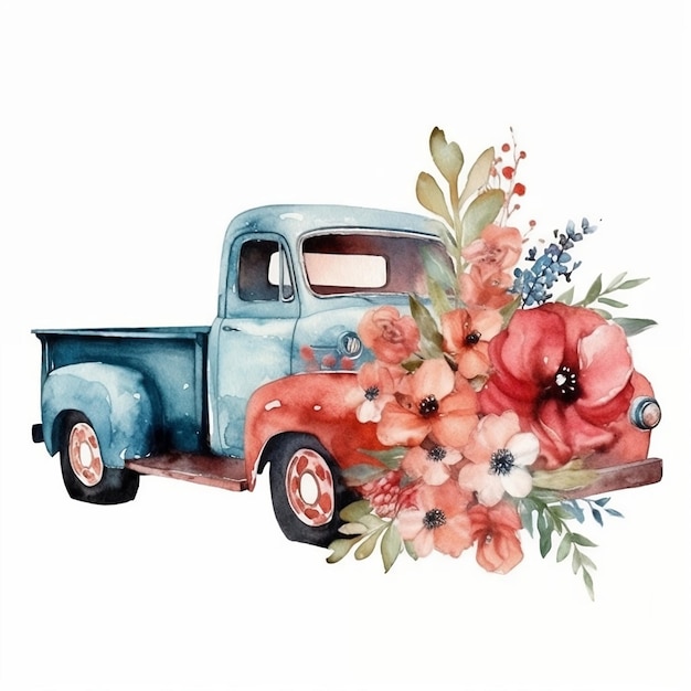 Vintage truck with flowers Watercolor hand drawn Clipart isolated on white background generative ai