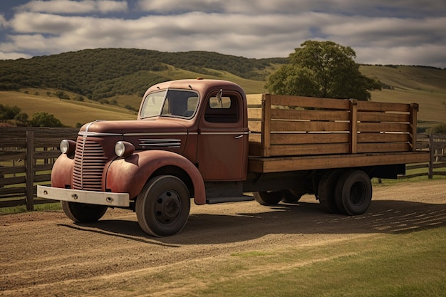 Vintage truck with a wooden flatbed in a farm sett stylish vehicle performance car image or picture