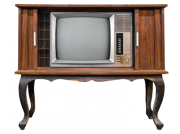 Vintage tv - antique wooden box television isolated on white with clipping path for object.