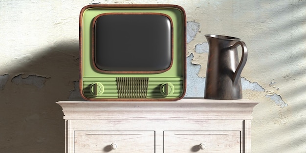 Vintage TV and metal jar on a wooden drawer chest Faded wall background 3d illustration