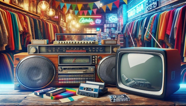 Photo vintage tv on shop counter with retro boombox and cassette tapes