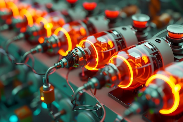 Vintage Vacuum Tube Amplifiers Close up with Glowing Valves Audio Electronics Sound Engineering