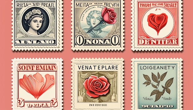 Photo vintage valentines day postage stamp collection generated by artificial intelligence