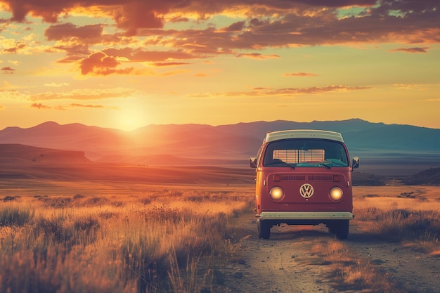 Vintage Van Traveling Alone in Nature at Sunset