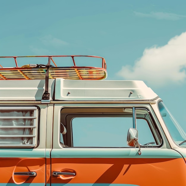 Photo vintage van with a surfboard on the roof against a blue sky