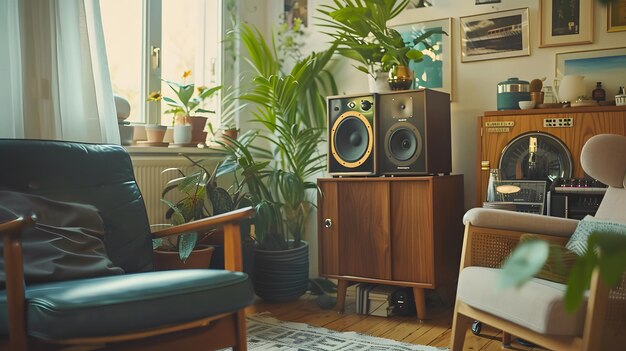 Photo vintage vibes oldschool armchair music player and timeless 50s70s interior design