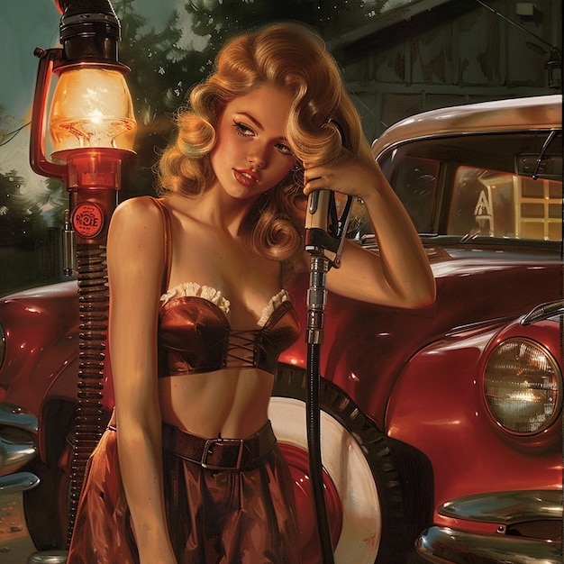 Photo vintage vibes pinup girl pumping gas in retro style