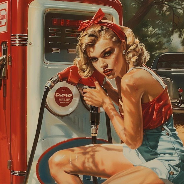 Vintage Vibes PinUp Girl Pumping Gas in Retro Style