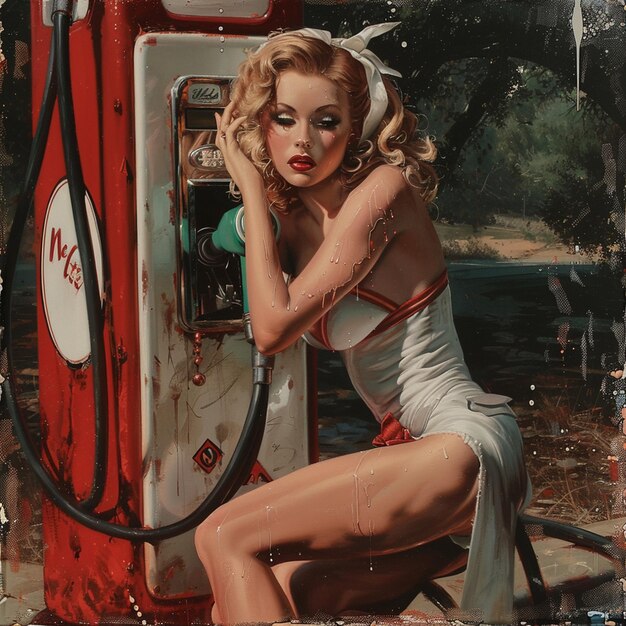 Photo vintage vibes pinup girl pumping gas in retro style