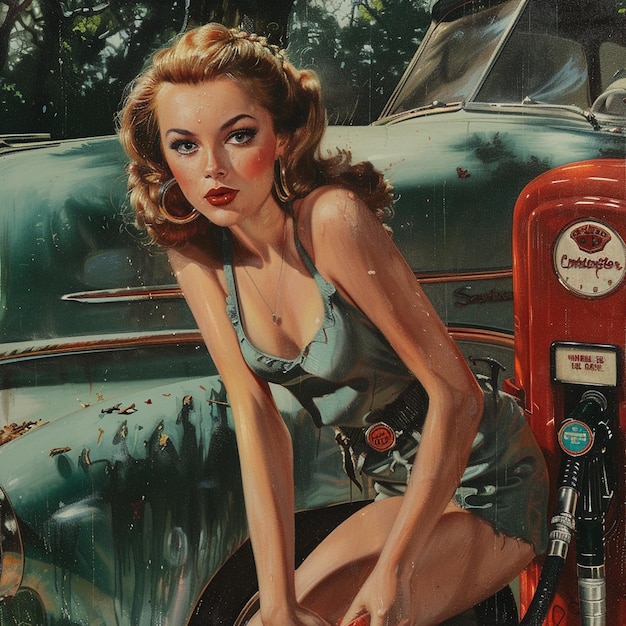 Photo vintage vibes pinup girl pumping gas in retro style