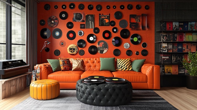 Photo vintage vinyl record decor in stylish living room interior design