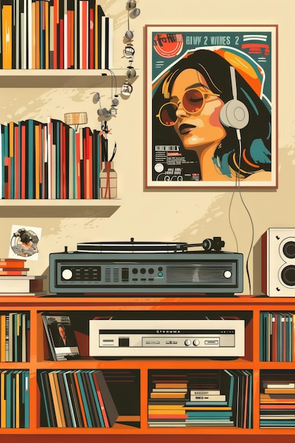 Photo vintage vinyl record shop classic albums retro posters and a turntable nostalgic and hip