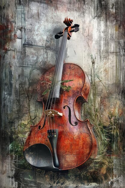 Vintage violin on grunge wall background with copy space music concept