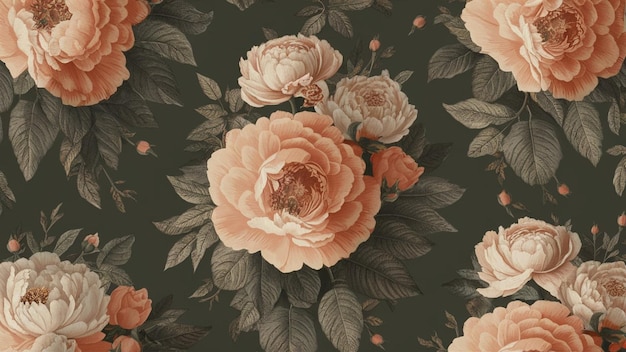 Photo a vintage wallpaper design with roses and peonies in muted tones