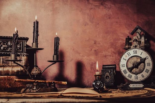 Vintage wallpaper with copy space Antique desk with inkwell and pen writing a book on a blueprint