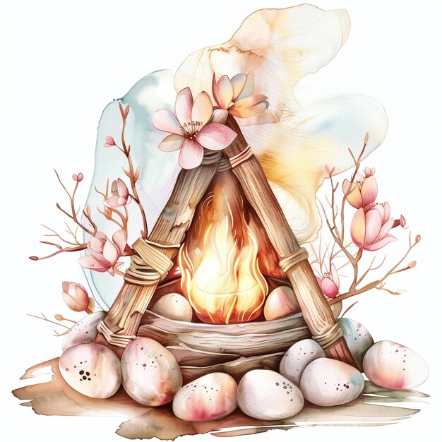 Vintage watercolor easter bonfire with eggs and flowers