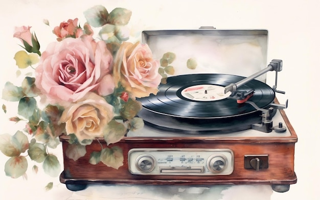 Vintage Watercolor Flowers on a Shabby Chic Retro Turntable Generative AI