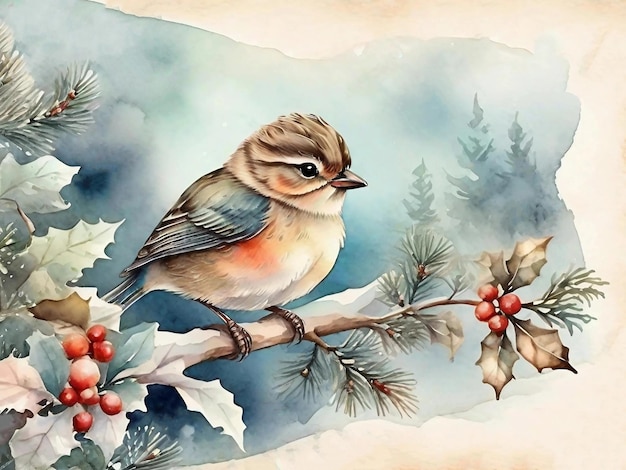 Vintage watercolor style little cute bird on enchanting Christmas winter background Generative AI