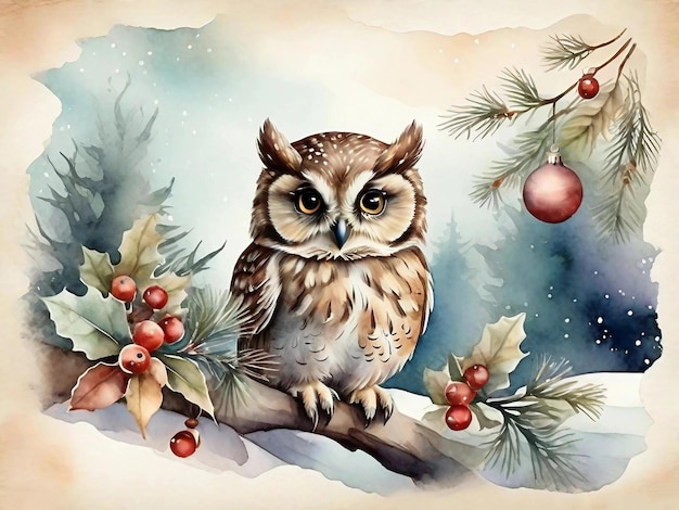 Vintage watercolor style little cute owl on enchanting Christmas winter background Generative AI