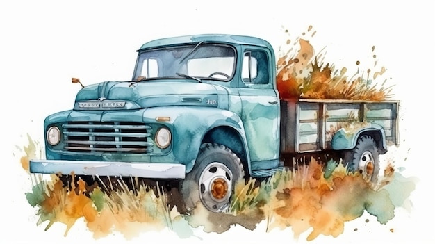 Vintage Watercolor Turquoise Truck with Autumn Farm Plants