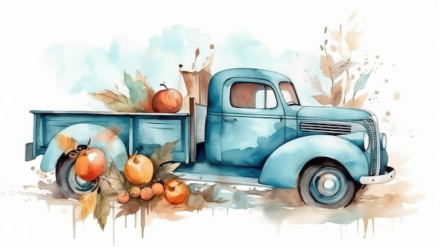 Vintage Watercolor Turquoise Truck with Autumn Farm Plants