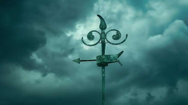 Photo a vintage weather vane points to the right in front of a stormy sky