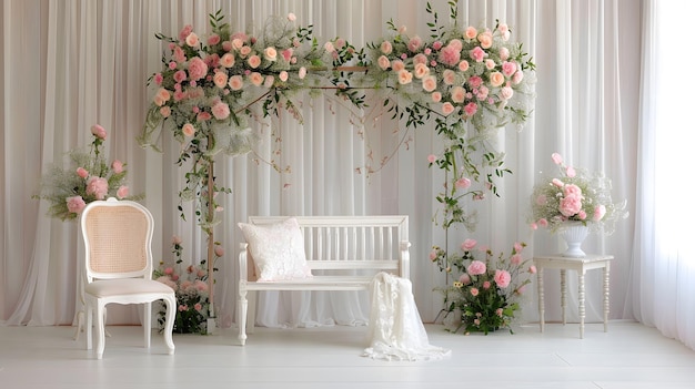 Vintage wedding backdrop with delicate lace and soft pink blooms creating a timeless and elegant atmosphere