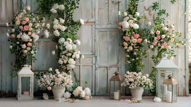 Vintage wedding backdrop with a floral wall and rustic lanterns adding a touch of romance to the ceremony