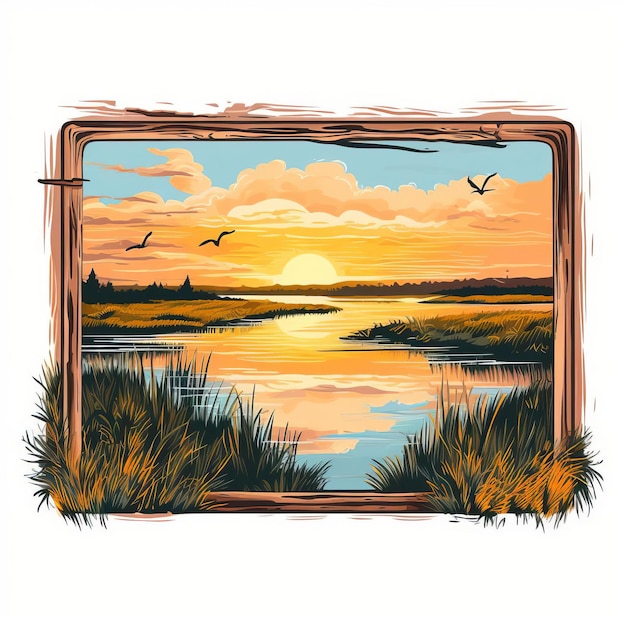 Vintage Wetland Sunset Picture Frame Vector Graphics