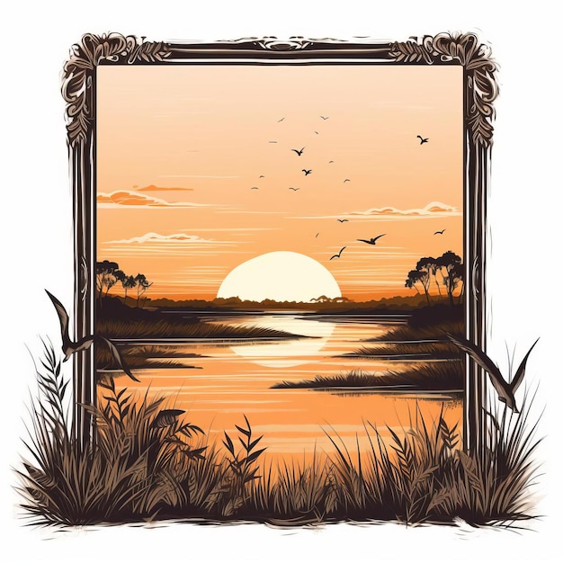 Vintage Wetland Sunset Picture Frame Vector Graphics