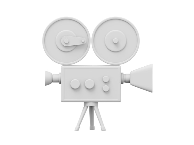 Vintage white cartoon style movie camera Funny retro video camera 3D rendering Icon on white background