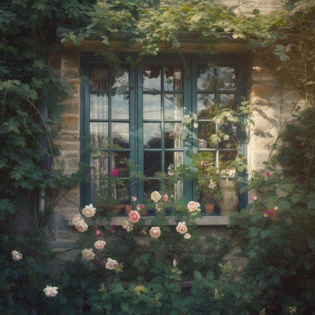 Vintage windows with open wooden shutters and fresh flowers Created with generative AI