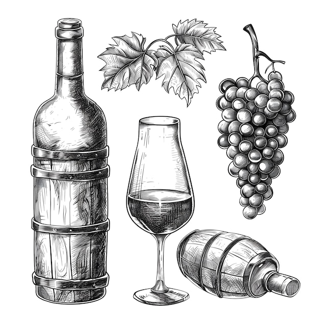 Photo vintage wine elements sketch bottle glass barrel and grapes