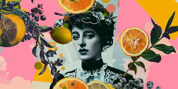 Vintage Woman Collage with Citrus Fruits and Pink Background