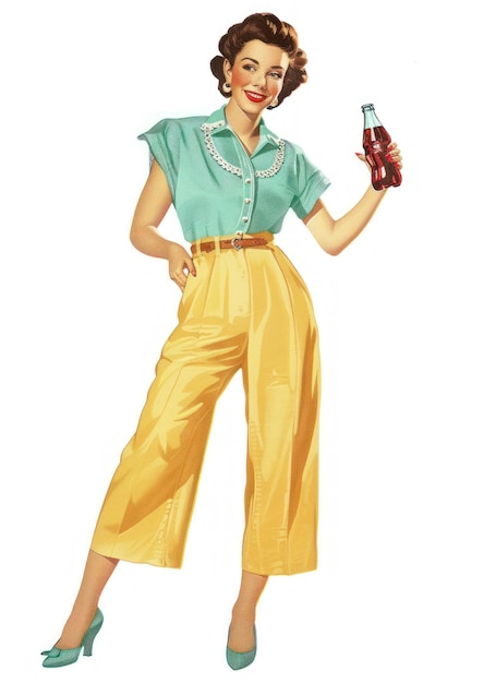 Photo vintage woman holding soda bottle