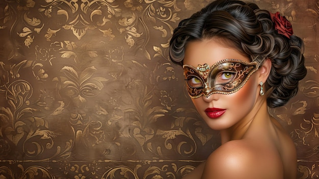 Photo vintage woman in ornate masquerade mask on antique wallpaper retro editorial concept