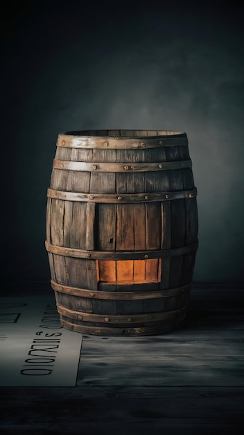 vintage wooden barrel on a dark background copy space