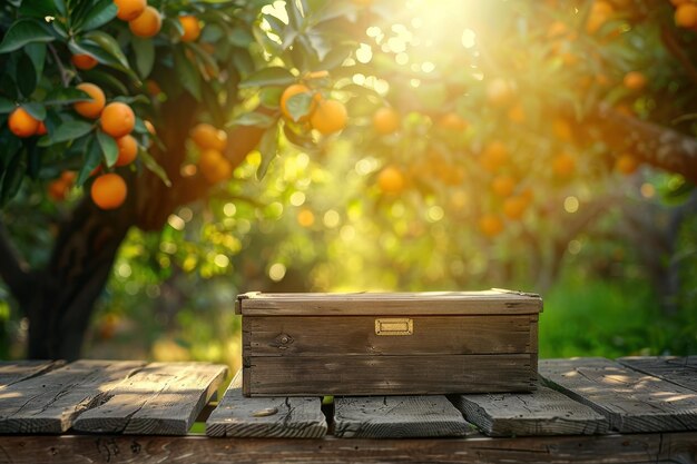 Photo vintage wooden box on old table with sun in orange tree garden