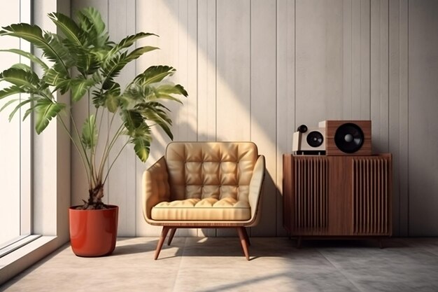 Vintage Wooden Cabinet with Rattan Door Black Steel Legs and Stylish Vase Ai Generated