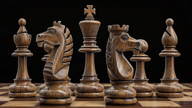 Vintage Wooden Chess Pieces on Chessboard High Quality Image