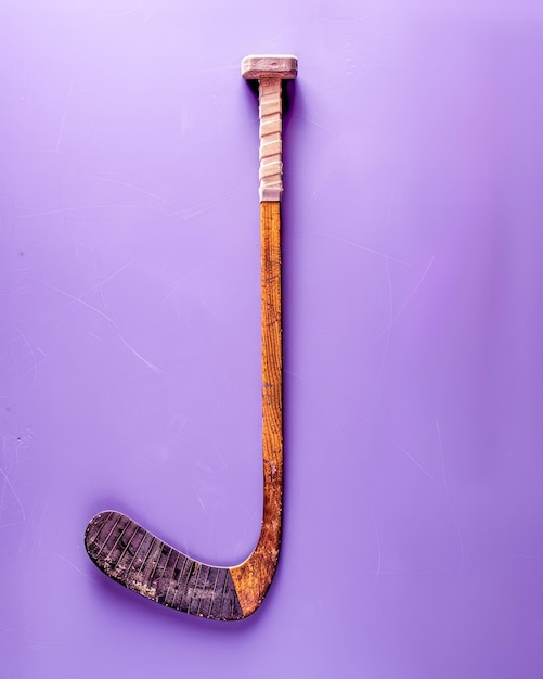 Vintage Wooden Hockey Stick on Purple Background Classic Sports Equipment Retro Sports Gear