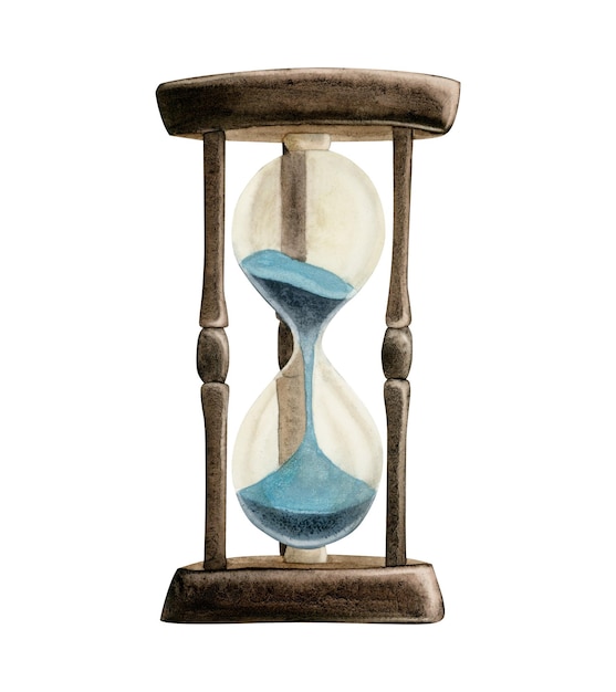 Vintage wooden hourglass with light blue sand watercolor illustration Symbol time